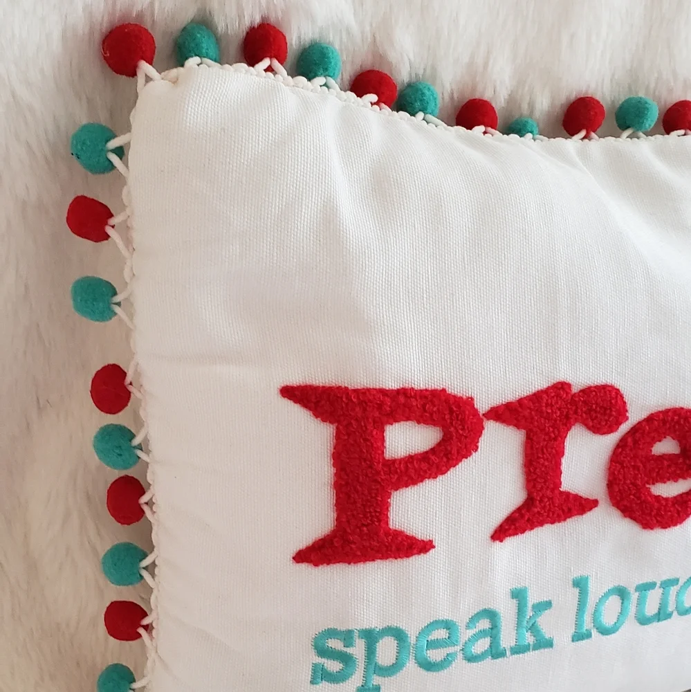 Holiday Pillow Embroidered with Presents phrase and Pom Pom Trim NWT
